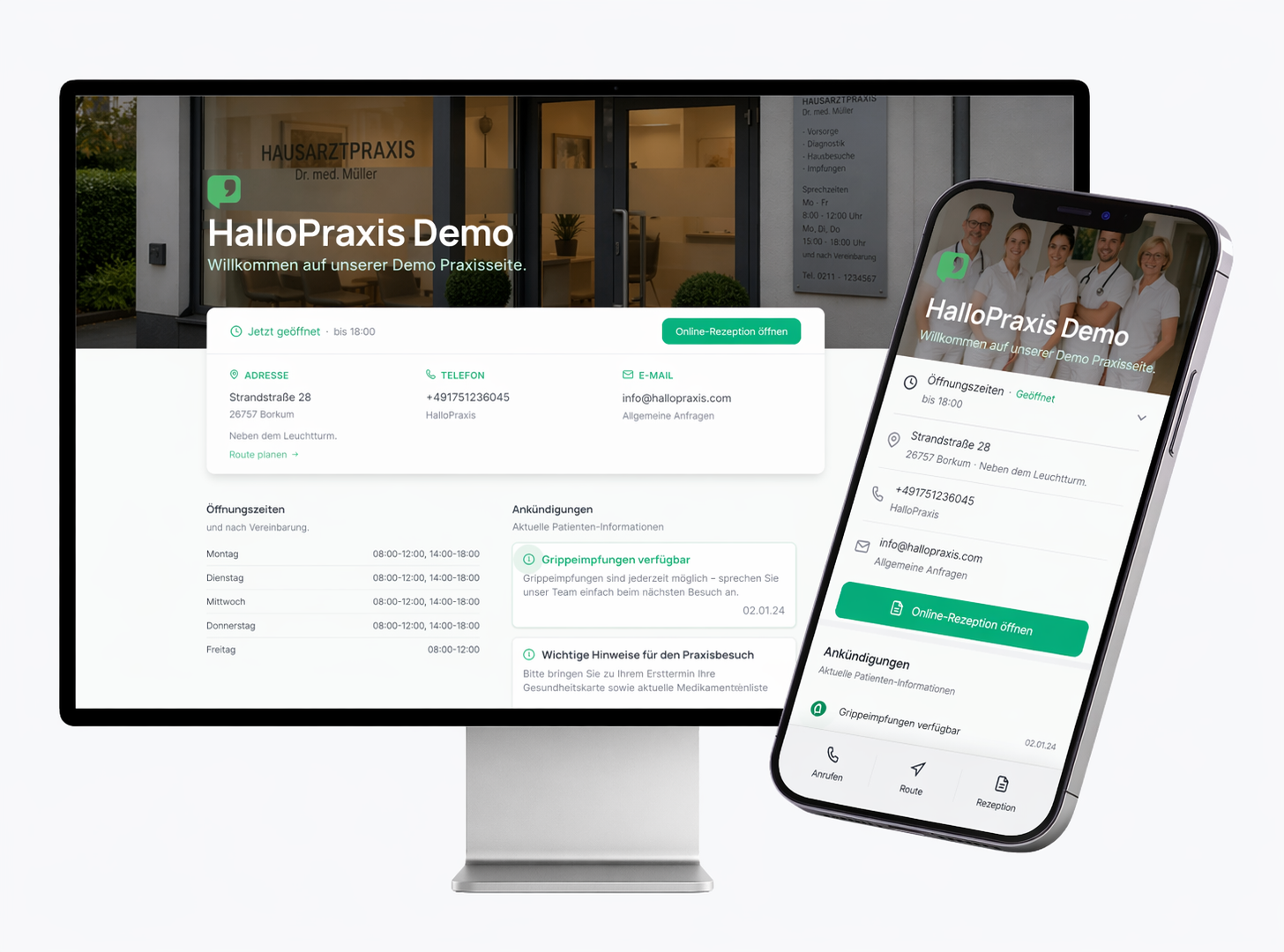 Vorschau einer echten HalloPraxis-Website auf Desktop und Smartphone.